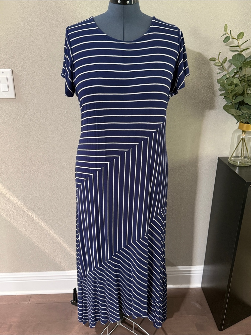 Soft Surroundings Navy & White Striped Short-Sleeve Maxi Dress